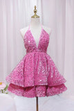Pink V-Neck Sequins Short Prom Dress, Pink A-Line Backless Party Dress HZ0319