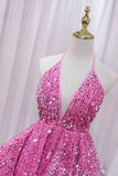 Pink V-Neck Sequins Short Prom Dress, Pink A-Line Backless Party Dress HZ0319