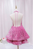 Pink V-Neck Sequins Short Prom Dress, Pink A-Line Backless Party Dress HZ0319