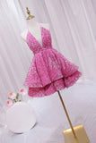 Pink V-Neck Sequins Short Prom Dress, Pink A-Line Backless Party Dress HZ0319