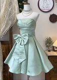 Elegant Strapless Fold Ruffle A Line Stretch Satin Prom Dress Sweet 16 Dress Birthday Party Dress with Bowknot HZ0319