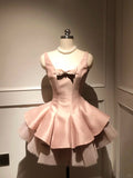 Sweet Straps Crew Neck Tiered Ruffle Short Back to School Outfits Homecoming Dress with Bowknot HZ0319