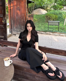 Elegant V-Neckline Sheath Short Sleeves Pleated Ankle Length Dress Party Dress Women Dress Summer Dress HZ0319