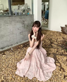 Cute A-Line Spaghetti Straps Lace-up Pleated Seaside Long Birthday Party Dress Women Dress Summer Dress HZ0319