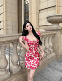 Sexy Seaside A-Line Straps Lace-up Printing Rose Short Outfits Dress Dating Dress Homecoming Dress HZ0319