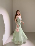 Seaside Vacation Spaghetti Straps Handmade Flower Tulle Mermaid Long Skirt Quinceanera Dress Women Dress Summer Dress HZ0319