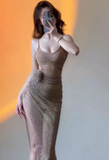 Shiny Spaghetti Straps Sheath Pleated Handmade Rose Long Birthday Party Dress Gala Prom Dress HZ0319