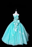 Elegant Strapless Embroidered Flower Tiered Tulle Rhinestone Ball Gown Sweet 16 Dress Birthday Dress with Bowknot HZ0319
