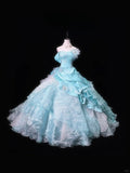 Elegant One Shoulder Rhinestone Handmade Flower Organza Tiered Pleated Ball Gown Prom Dress Quinceanera Dress Party Dress HZ0319