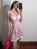 Sexy Pleated Straps A Line Lace Tulle Mini Skirt Summer Seaside Dress Party Dress Women Dress HZ0319