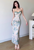 Elegant Spaghetti Strap Lace Neck Sheath Floral Print Vacation Vibes Long Dress Summer Dress Women Dress HZ0319