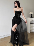 Minimalist Shiny Black Strapless Pleated Tiered Tulle Dress Dating Dress Party Dress Summer Dress Women Dress HZ0319