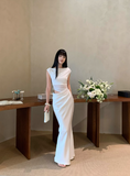Sexy White Pleated Slim-fitting Waist-baring Mermaid Dress Women Summer Dress Dating Dress HZ0319
