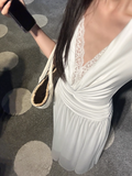 Elegant Lace V-neck Pleated Slim Fit Long Skirt Women Summer Dress Dating Dress HZ0319