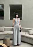 Fashion Suspender V-neck Backless Pleated Polka Dot Maxi dress Women Summer Date Dress HZ0319