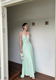 French A Line Spaghetti Straps V Neck Backless Pleated Seaside Vacation Dress Women Summer Long Dress HZ0319