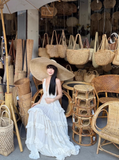 Island Style Halter Backless Tiered Pleated Beach Vacation Dress Women Summer Long Dress HZ0319