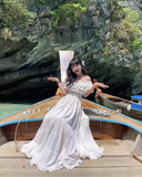Pretty Off-the-shoulder Ruffle Pleated Beach Vacation Seaside Dress Women Summer Maxi Dress HZ0319