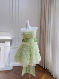 Sweet Strapless Lace Tiered Tulle Pleated Quinceanera Dress Short Prom Dress Homecoming Dress with Bowknot HZ0319