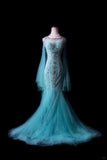 Gorgeous Jewel Neck Long Sleeve Sequins Lace Crystal Tiered Tulle Party Dress Evening Dress Mermaid Dress Prom Dress HZ0319