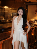 French V-neck Halter Pleated Hi-lo Women Summer Dress Vacation Seaside Dress HZ0319