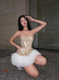 Elegant Strapless Printing Flower Tiered Tulle Short Skirt Party Dress Women Summer Dress HZ0319