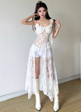 Sexy Irregular Suspenders Ruffle Pleated Hi-lo Dress Women Summer Dress HZ0319