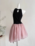 Pretty Halter Polka Dot Pleated Tulle Bowknot Rose Summer Dress Women Date Dress HZ0319