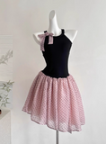 Pretty Halter Polka Dot Pleated Tulle Bowknot Rose Summer Dress Women Date Dress HZ0319
