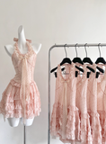 Cute Halter Polka Dot Pleated Tulle Tiered Summer Princess Dress Women Date Dress HZ0319