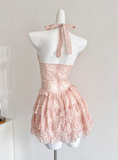 Cute Halter Polka Dot Pleated Tulle Tiered Summer Princess Dress Women Date Dress HZ0319