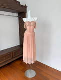 Elegant Stpaghetti Straps Pleated Tulle Long Summer Seaside Dress Women Date Dress HZ0319
