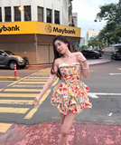 Colorful Spaghetti Straps Floral Pleated Short Skirt Women Summer Date Dress HZ0319