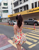 Colorful Spaghetti Straps Floral Pleated Short Skirt Women Summer Date Dress HZ0319