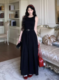 Elegant A Line Crew Neck Long Skirt Summer Seaside Dress Women Date Dress with Belt HZ0319