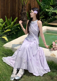 Elegant Halter Lace Flower Long Women Dress Dating Dress Summer Seaside Dress HZ0319