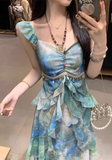 Island Spaghetti Straps Ruffle Print Long Seaside Dress Vacation Dress Women Summer Dress HZ0319