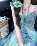Island Spaghetti Straps Ruffle Print Long Seaside Dress Vacation Dress Women Summer Dress HZ0319