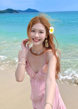Seaside V -neck Spaghetti Straps Flower Pleated Long Vacation Dress Summer Women Dress HZ0319