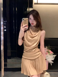 Vintage A Line Sleeveless Pleated Short Casual Skirt Women Summer Dress HZ0319
