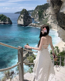 Seaside Halter Backless Ruffle Long Date Dress Women Summer Vacation Skirt HZ0319