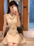 Minimalist A Neckline Polo Neck Casual Date Dress Women Summer Skirt with Belt HZ0319