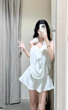 Elegant White Halter Pleated Ruffle Dress Seaside Date Dress Women Summer Short Skirt HZ0319