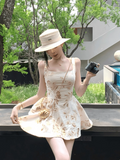 Elegant Spaghetti Straps A Line Printing Pleated Casual Short Vacation Dress Women Summer Date Dress HZ0319