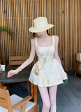Elegant Spaghetti Straps A Line Printing Pleated Casual Short Vacation Dress Women Summer Date Dress HZ0319