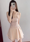 Cute Spaghetti Straps Embroidered Flower Pleated Tiered Short Party Dress Women Summer Date Dress HZ0319