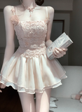 Cute Spaghetti Straps Embroidered Flower Pleated Tiered Short Party Dress Women Summer Date Dress HZ0319