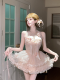 Sweet Halter Floral Pleated Lace up Tulle Short Summer Party Dress Women Vacation Date Dress HZ0319