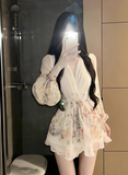Elegant V-neck Print Ruffle Puff Sleeve Short Summer Skirt Women Date Party Dress HZ0319