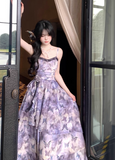 Versatile Spaghetti Straps Lace Print Butterfly Pleated Tiered Ruffle Maxi Dress Women Summer Dress HZ0319